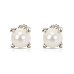 David Yurman Pearl & Diamond Stud Earring in Sterling Silver 0.04 CTW